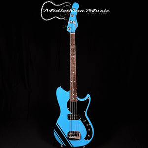 G&L USA Fallout Bass - 4-String Short Scale Bass Guitar - Limited Edition Miami Blue Gloss & Racing Stripe Finish w/Gig Bag