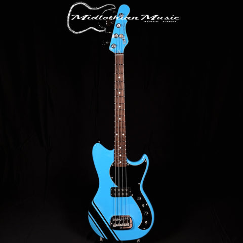 G&L USA Fallout Bass - 4-String Short Scale Bass Guitar - Limited Edition Miami Blue Gloss & Racing Stripe Finish w/Gig Bag