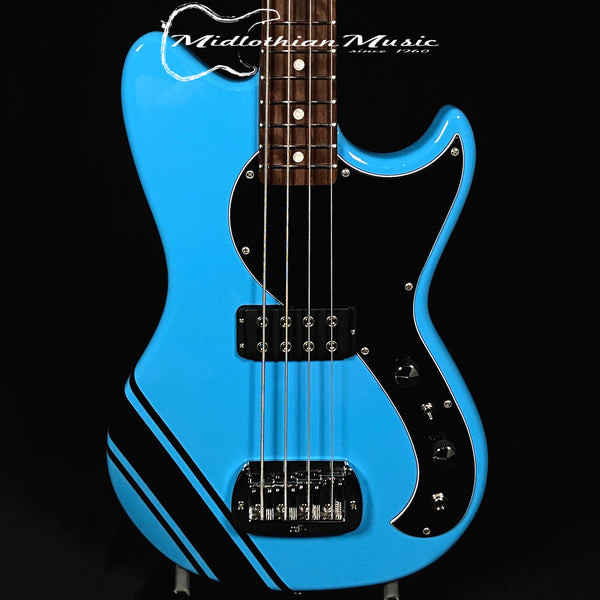 G&L USA Fallout Bass - 4-String Short Scale Bass Guitar - Limited Edition Miami Blue Gloss & Racing Stripe Finish w/Gig Bag