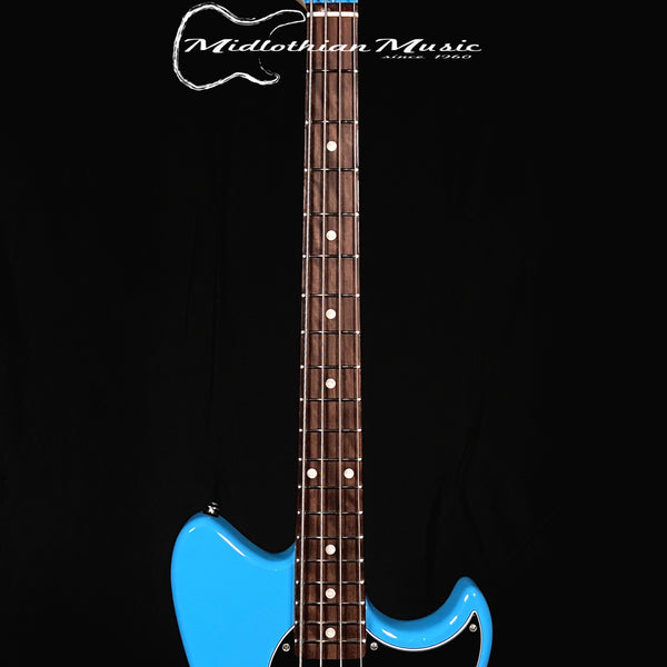 G&L USA Fallout Bass - 4-String Short Scale Bass Guitar - Limited Edition Miami Blue Gloss & Racing Stripe Finish w/Gig Bag