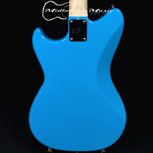 G&L USA Fallout Bass - 4-String Short Scale Bass Guitar - Limited Edition Miami Blue Gloss & Racing Stripe Finish w/Gig Bag