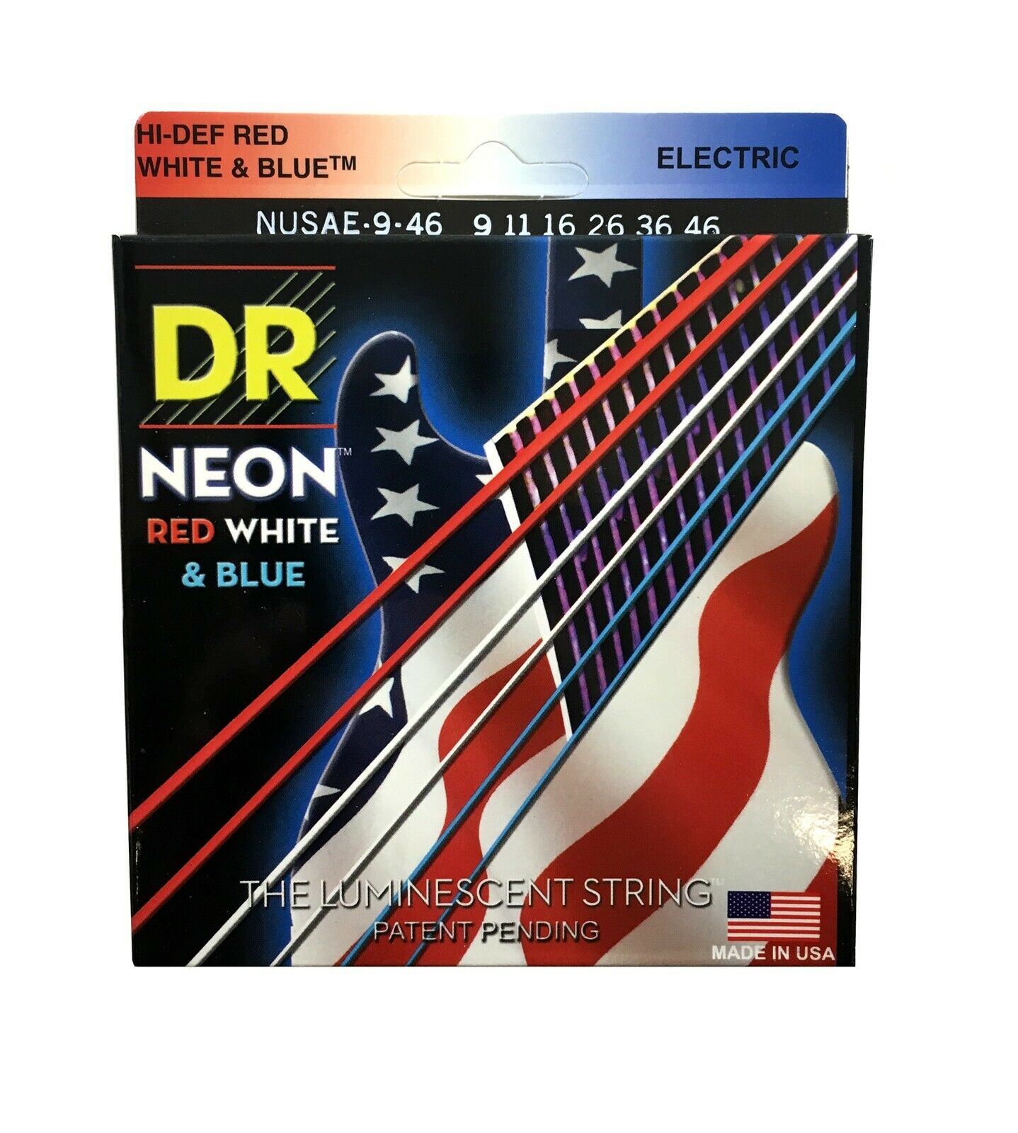 DR - HI-DEF Red, White & Blue Neon - 6-String Electric Guitar Strings (NUSAE-9) (1 Pack)